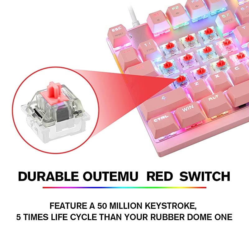 Professional Gaming Mechanical Keyboard RGB Rainbow Backlit 87 Keys Illuminated Computer USB Gaming Keyboard for Mac & PC Pink