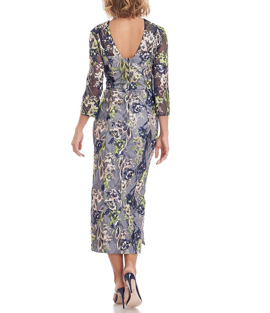 JS Collections V-Neck 3/4 Sleeve Floral Sequin Mesh Midi Dress