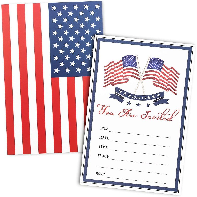 Pipilo Press 36 Pack American Flag Flat Invitation Cards Set with Envelopes for Patriotic Party, 4 x 6 in