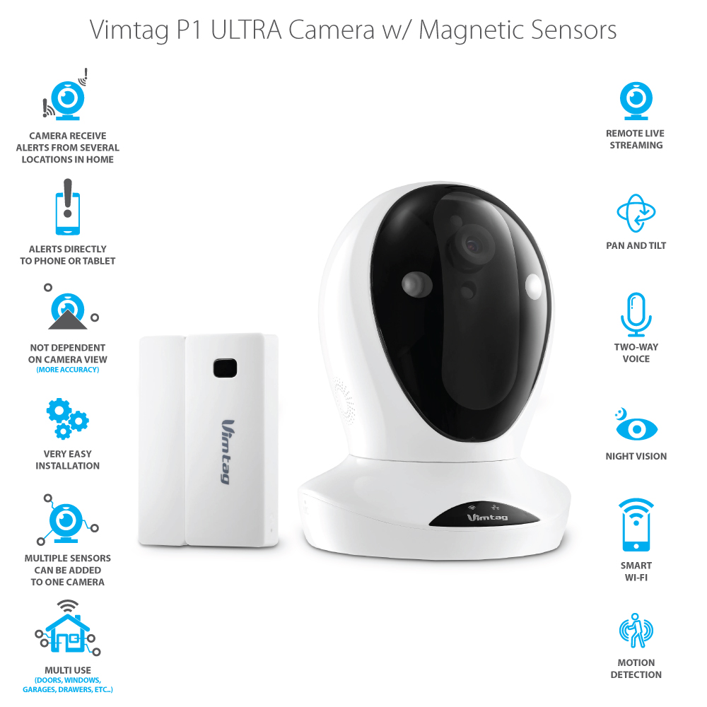 Vimtag Premium Home Security Kit | P1 Camera w/ Magnetic Sensors, Wireless Video Monitoring and Surveillance, State of the Art Sensors, Pan/Tilt with Two-Way Audio & Night Vision, Plug/Play.