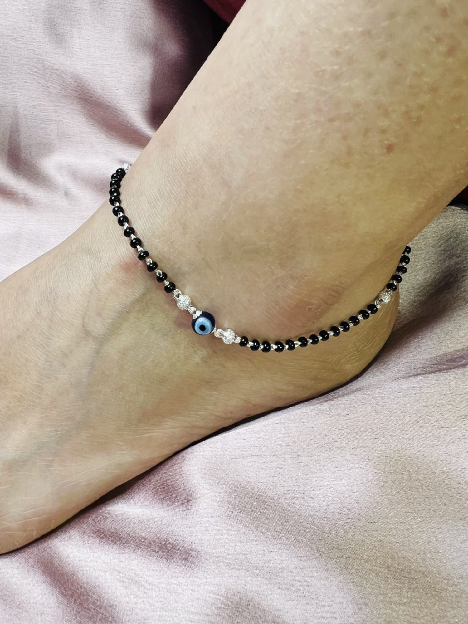 Arte Jewels 925 Sterling Silver Black Beads Evil Eye Anklet for Women & Girls (Single Anklet)
