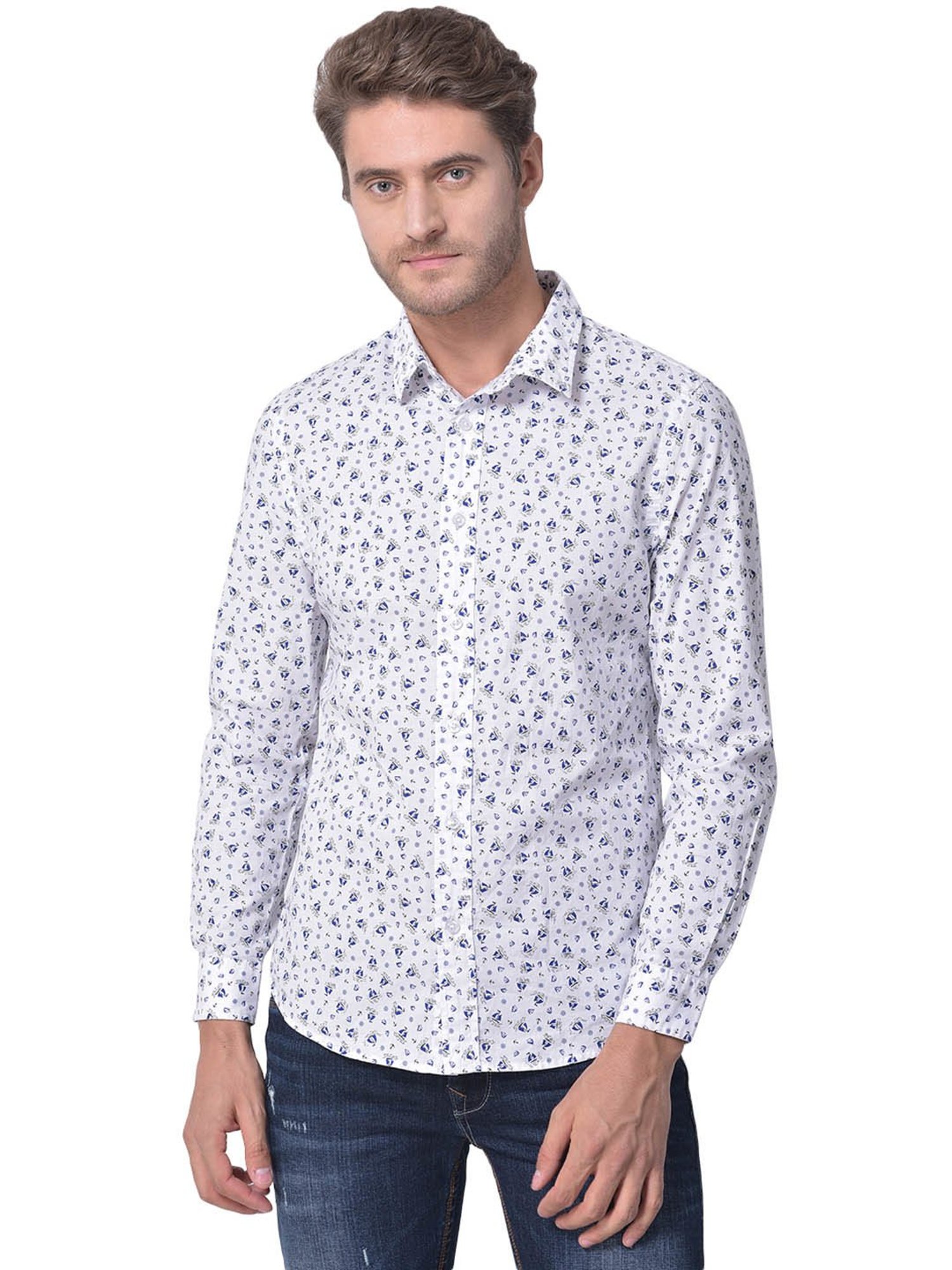 Woodland White Regular Fit Printed Cotton Shirt