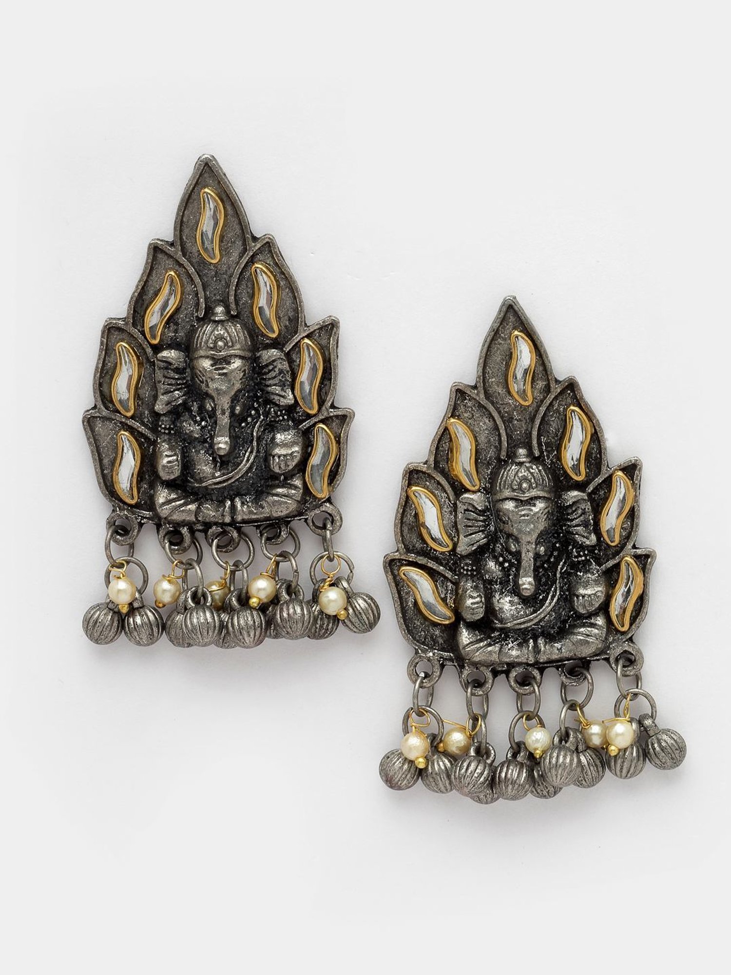 Moedbuille Kundan and Pearls Temple Tasselled Design Oxidised Silver Plated Ganesha Earrings