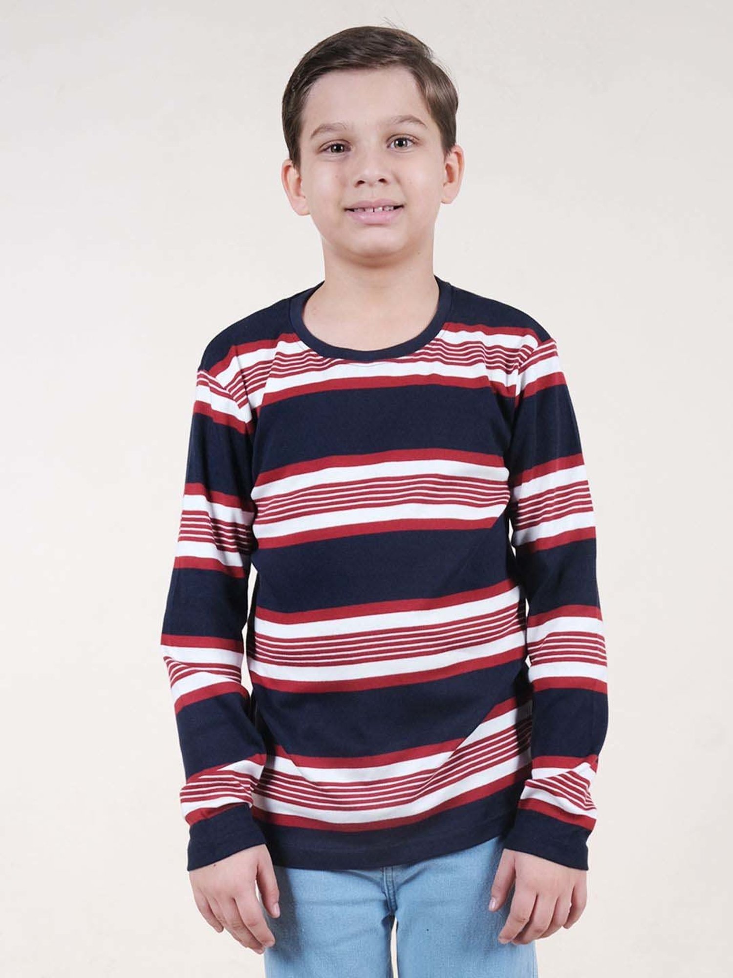 Kiddopanti Boys Navy & Red Cotton Striped Full Sleeves T-Shirts
