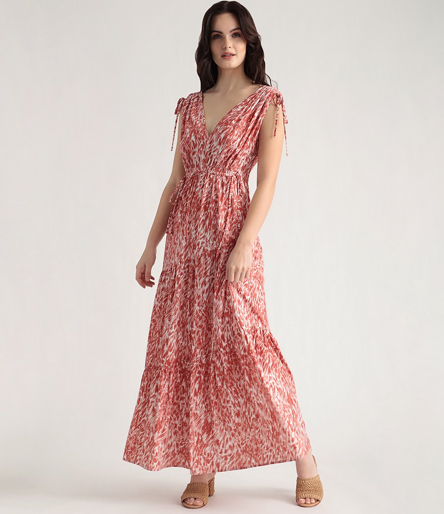 Maggy London Animal Print V-Neck Sleeveless Asymmetric Tiered Maxi Dress