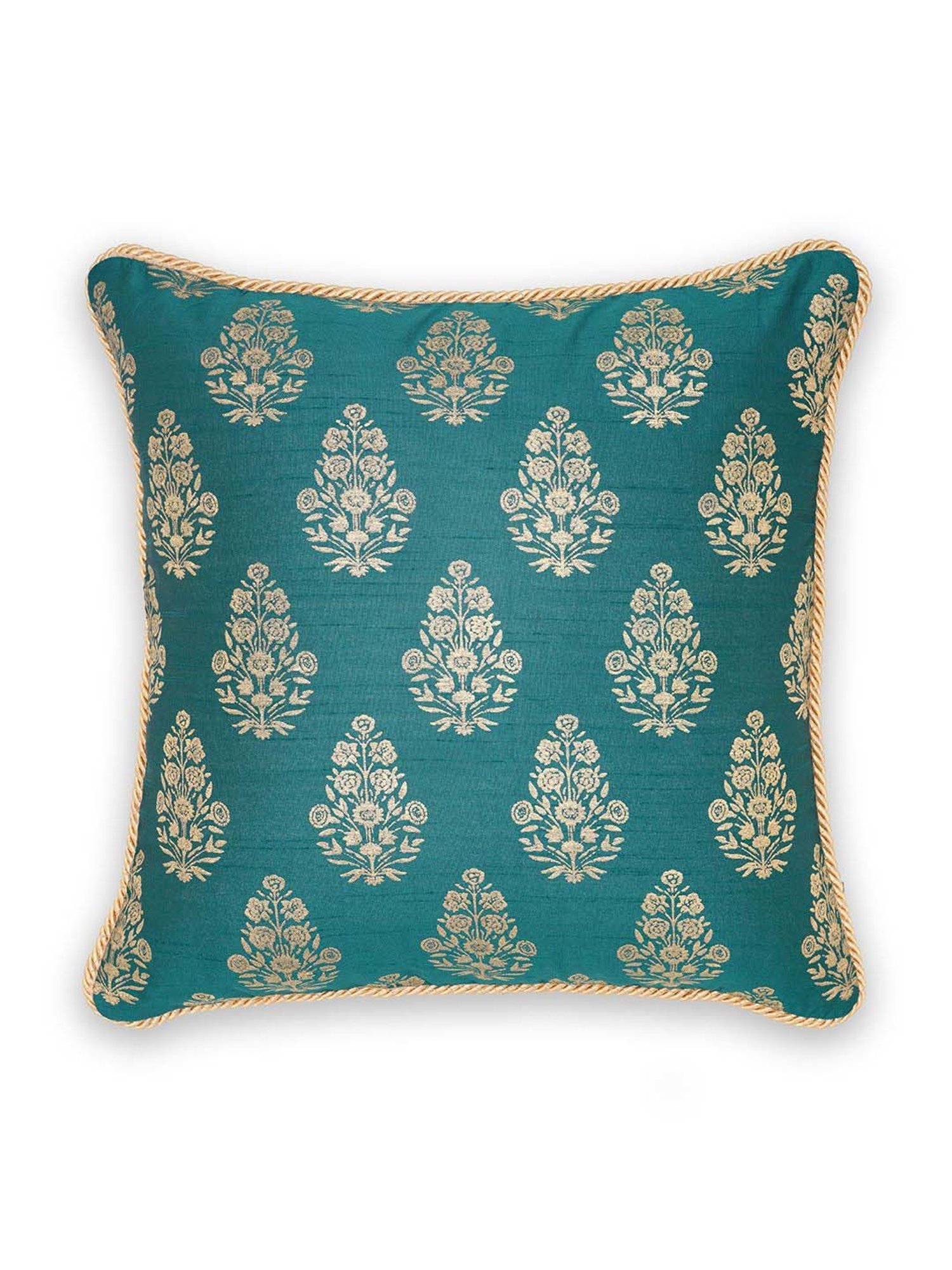 Pure Home and Living Teal Poly Dupion Foil Print Cushion Cover With Satin Twisted Dori