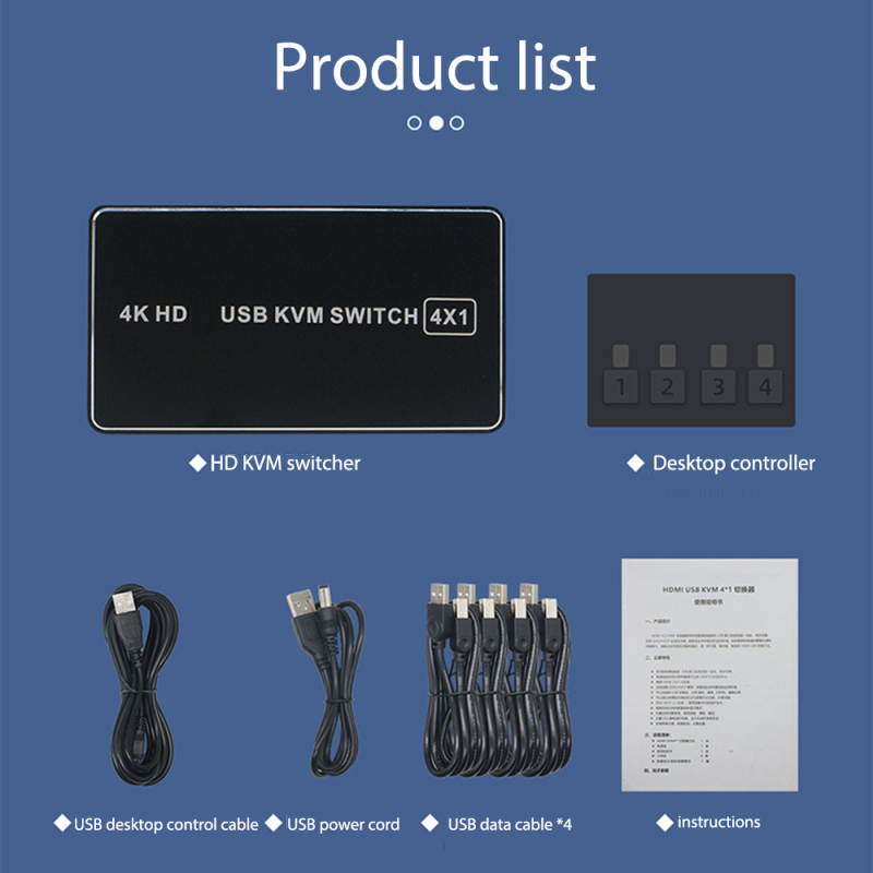 4 in 1 Out KVM Switch Box Keyboard Mouse Printer Switcher Include 4 USB Type-B Cable Support 4K@60Hz, EDID/HDCP 2.2 3D for Laptop PS4 Xbox one HDTV Monitor