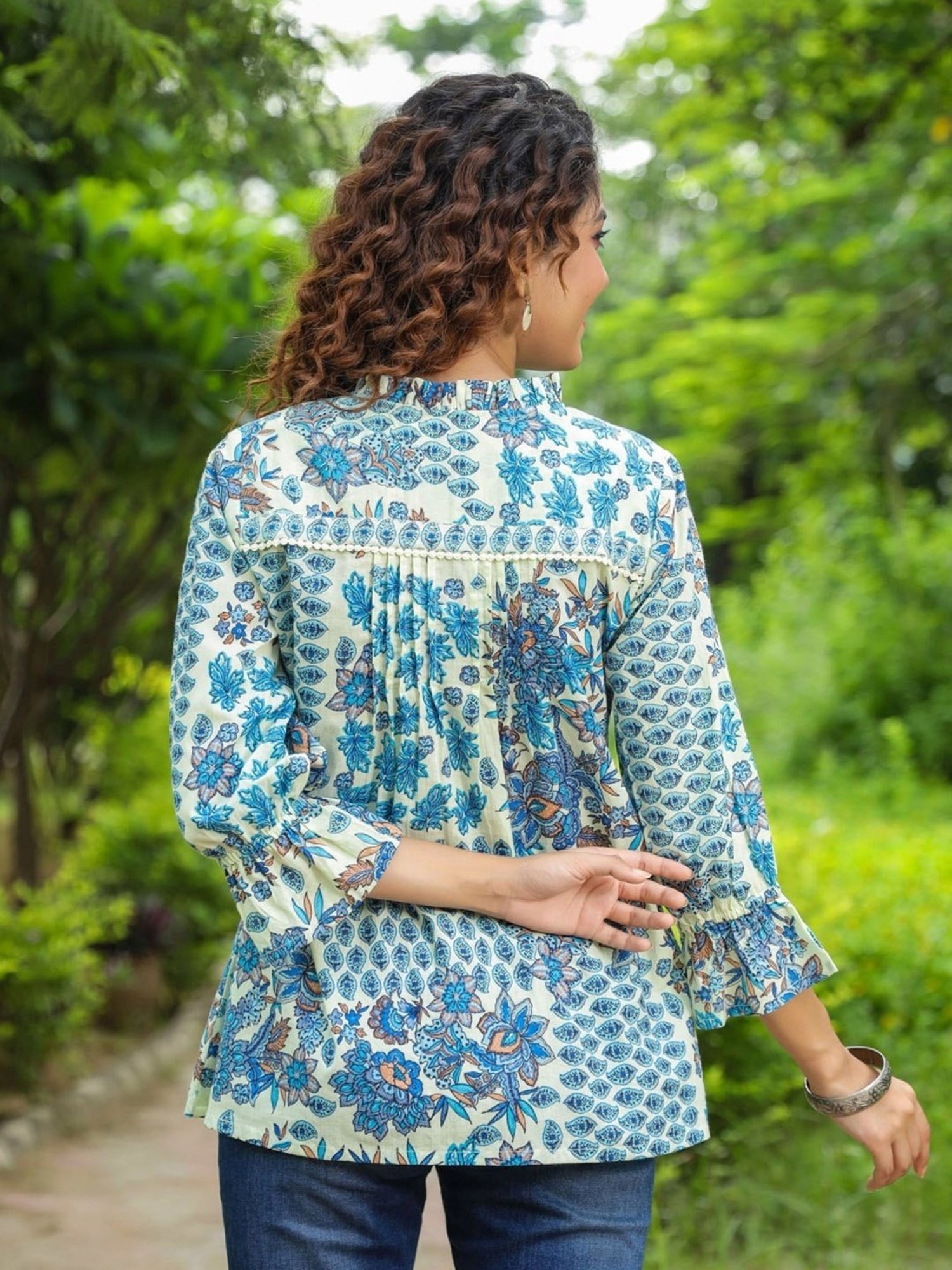 Rain and Rainbow Blue Cotton Floral Print Top