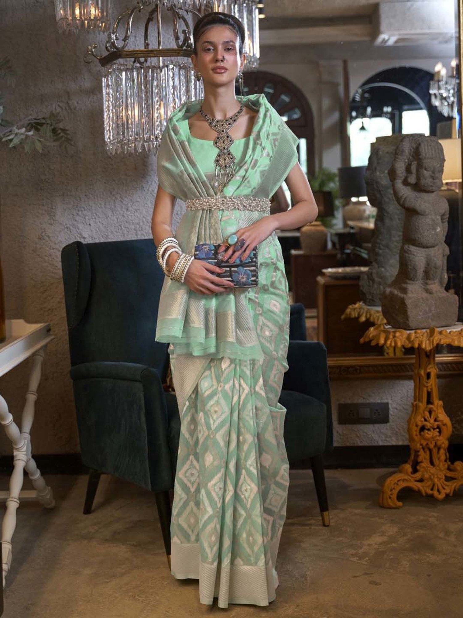 Elora Green Linen Woven Saree With Unstitched Blouse