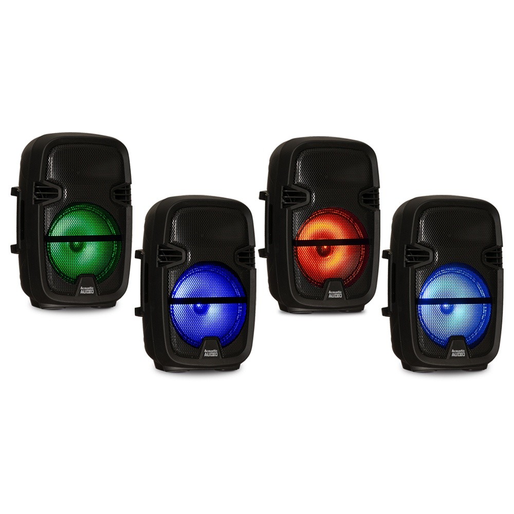 Acoustic Audio PRTY82 Battery Powered 8" Bluetooth LED Speakers with Wireless Mics and Stands