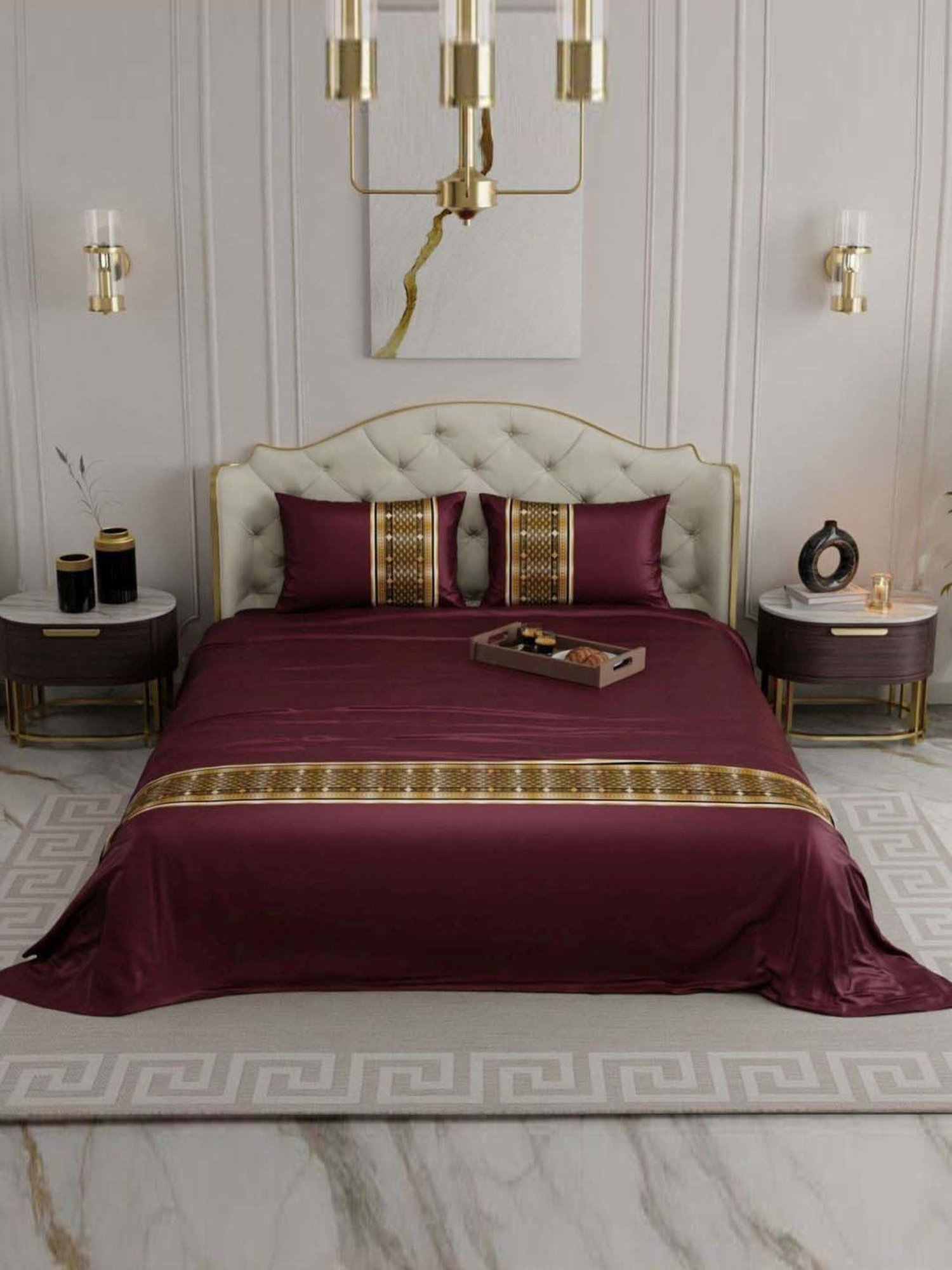 Stoa Paris Versailles Maroon 300 TC Sateen Royal Treasures Double Bed Sheet with 2 Pillow Covers