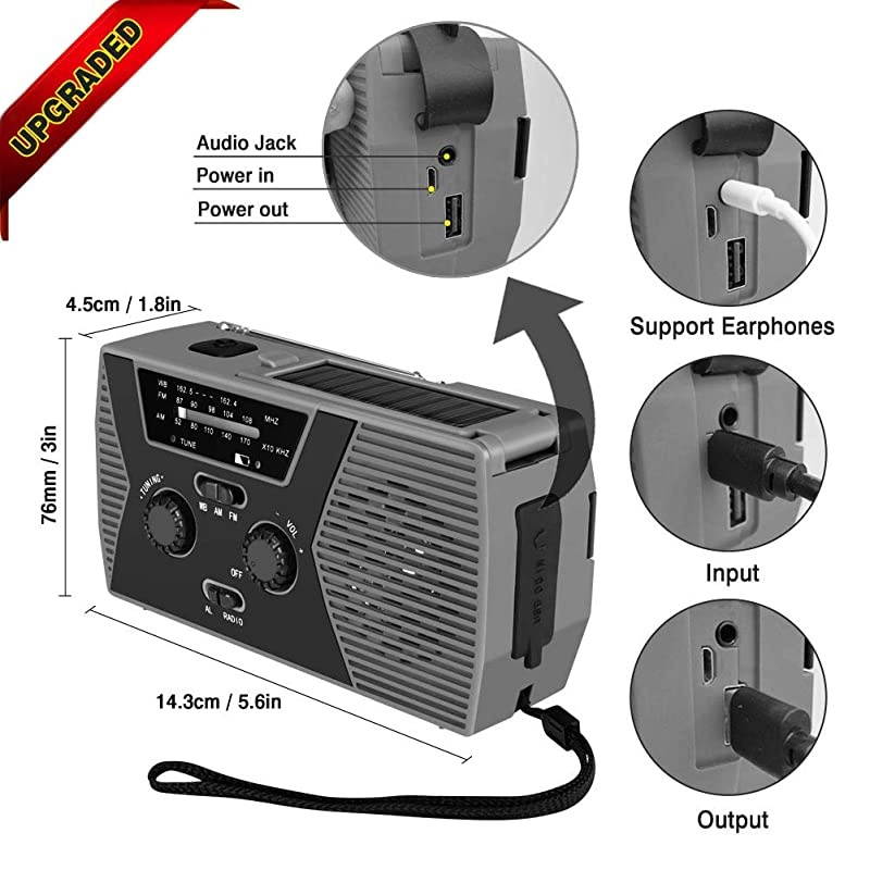 Emergency Solar Hand Crank Portable Radio,AM/FM NOAA Weather Radio for Household and Outdoor Survival with LED Flashlight, 2000mAh USB Charger, Reading Lamp,SOS Alarm(Gray)