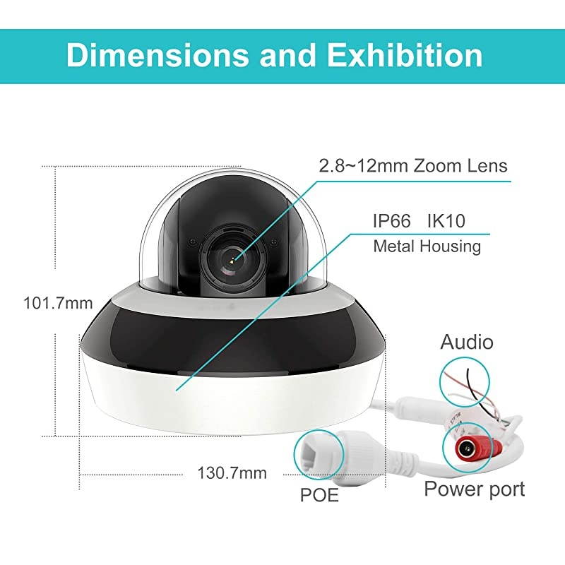 4.0MP POE IP PTZ Dome Camera,4X Optical, 16X Digital Zoom, H.265+ Outdoor Mini Security Camera with Audio, Alarm, SD Card Slot