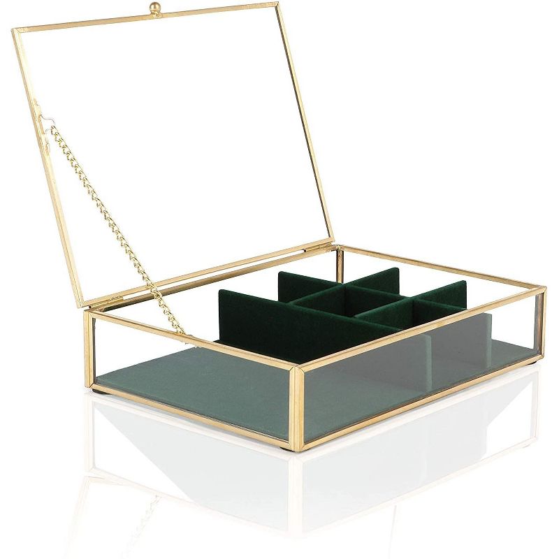 Farmlyn Creek Glass with Gold Trim Jewelry Box with Green Velvet Organizer (7.1 x 5.5 x 1.6 In)