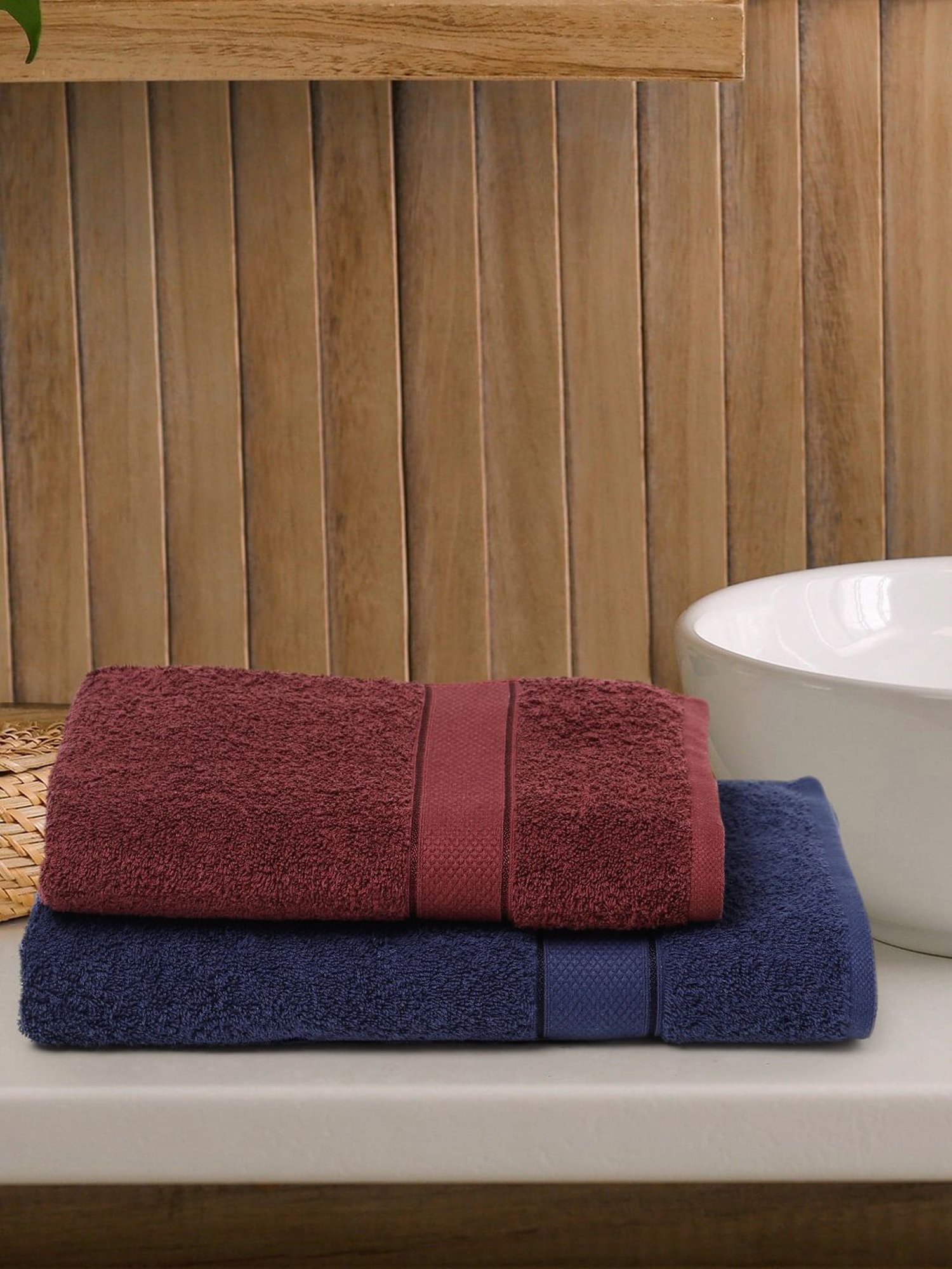 Creeva Navy & Wine 525 GSM Cotton Bath Towel Set of 2