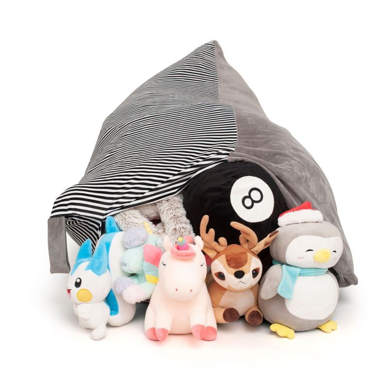 Stuffed Animal Storage Bean Bag Chair Cover - Extra Large Soft Velvet Plush Toy Organizer for Kids, Teens and Adults (No Filler), Grey Stripe