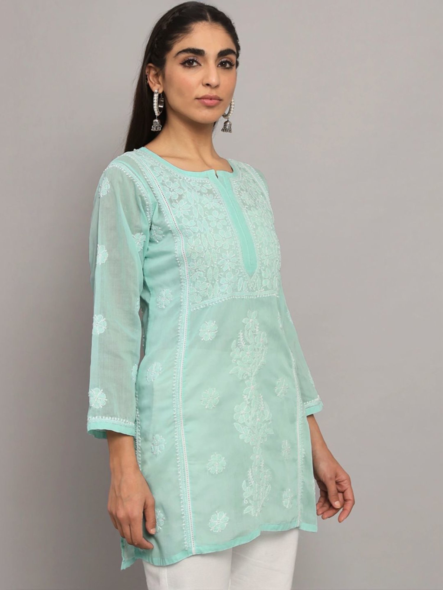 PARAMOUNT CHIKAN Sea Green Cotton Hand Embroidered Chikankari Straight Kurti