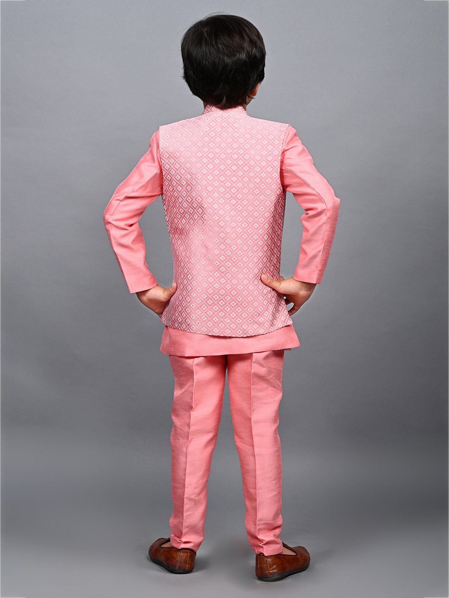 Ahhaaaa Kids Pink Embellished Full Sleeves Sherwani, Jacket & Pyjamas