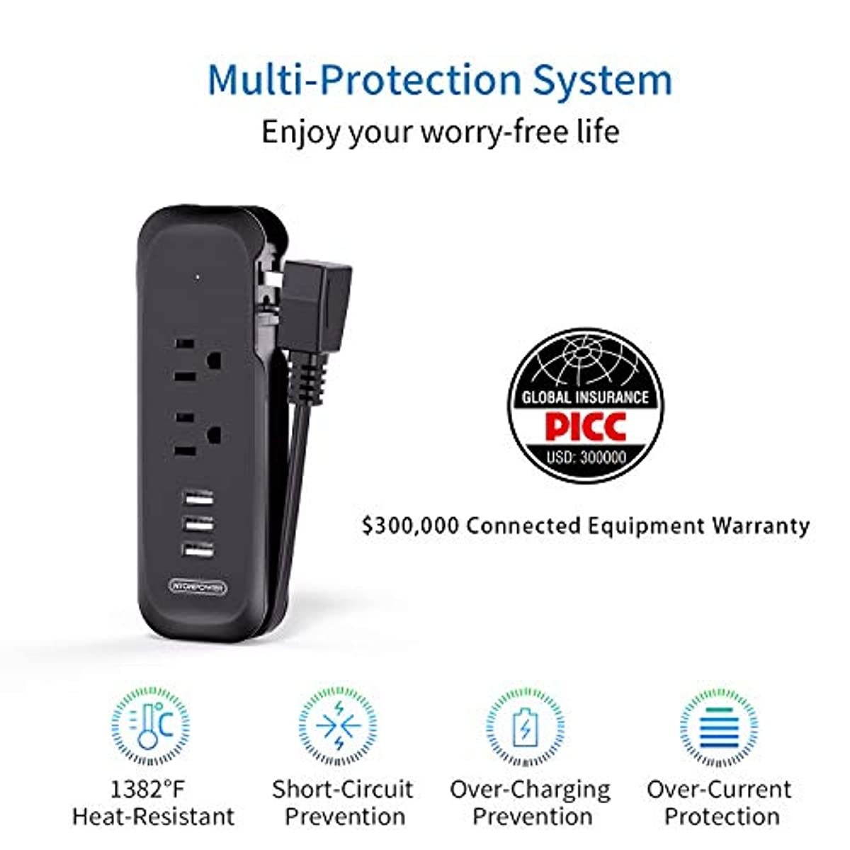 Power Strip with USB 2 Pack - NTONPOWER Travel Power Strip, 2 Outlets and 3 USB Portable Desktop Charging Station, 15 inches Wrapped Short Extension Cord, Compact for Cruise Ship, Nightstand and Hotel