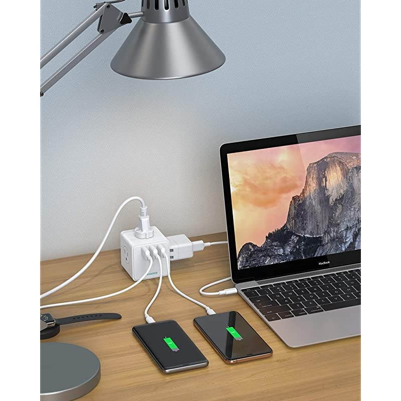 Power Strip Cube White with USB 4 Outlet and 3 USB Ports Surge Protector Power Strip Flat Plug with 5 ft Extension Cord Overload Protection Switch Control Compact for Desktop Office Home