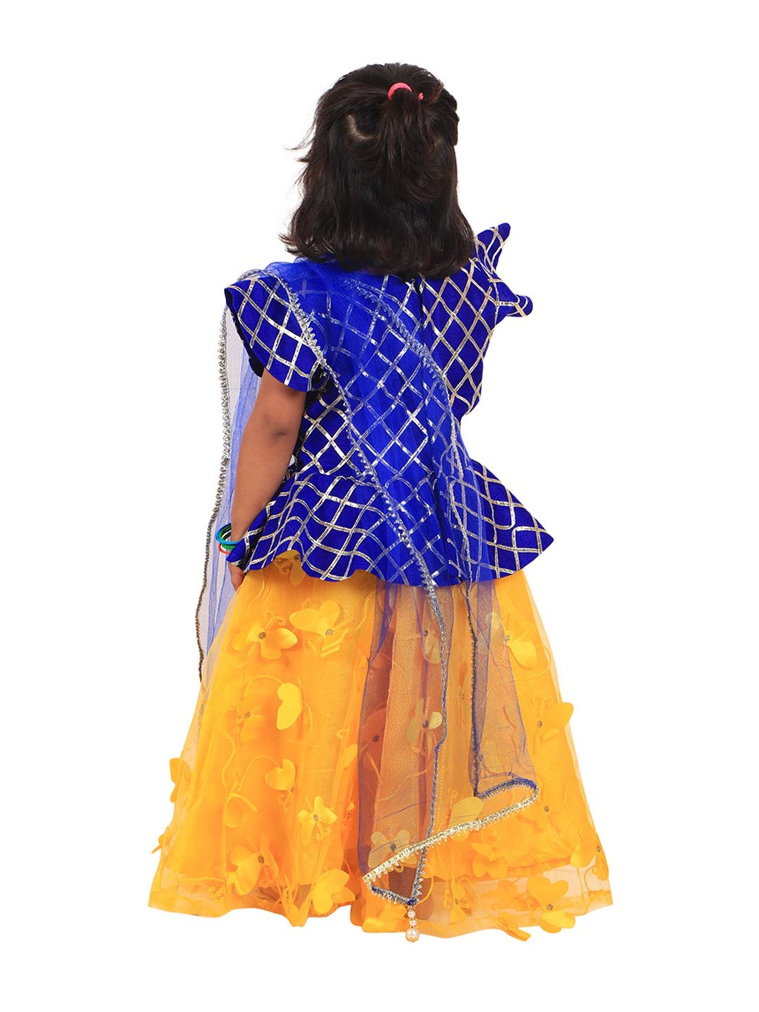 Passion Petals Kids Blue & Yellow Applique Lehenga, Choli With Dupatta