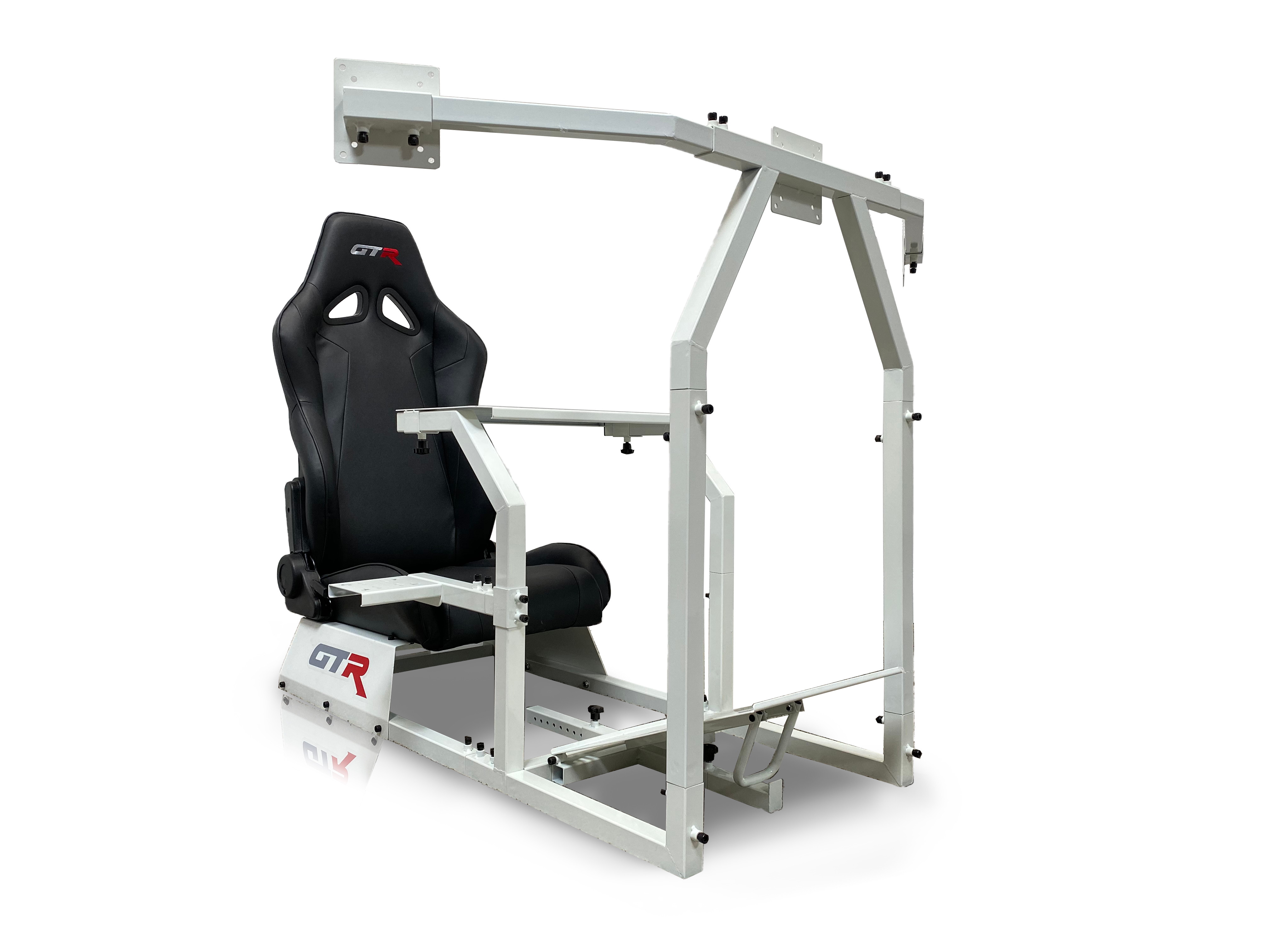 GTR Simulator GTAF-WHT-S105LBK - GTA-F Model (White) Triple or Single Monitor Stand with Black Adjustable Leatherette Seat, Racing Simulator Cockpit Gaming Chair Single Monitor Stand