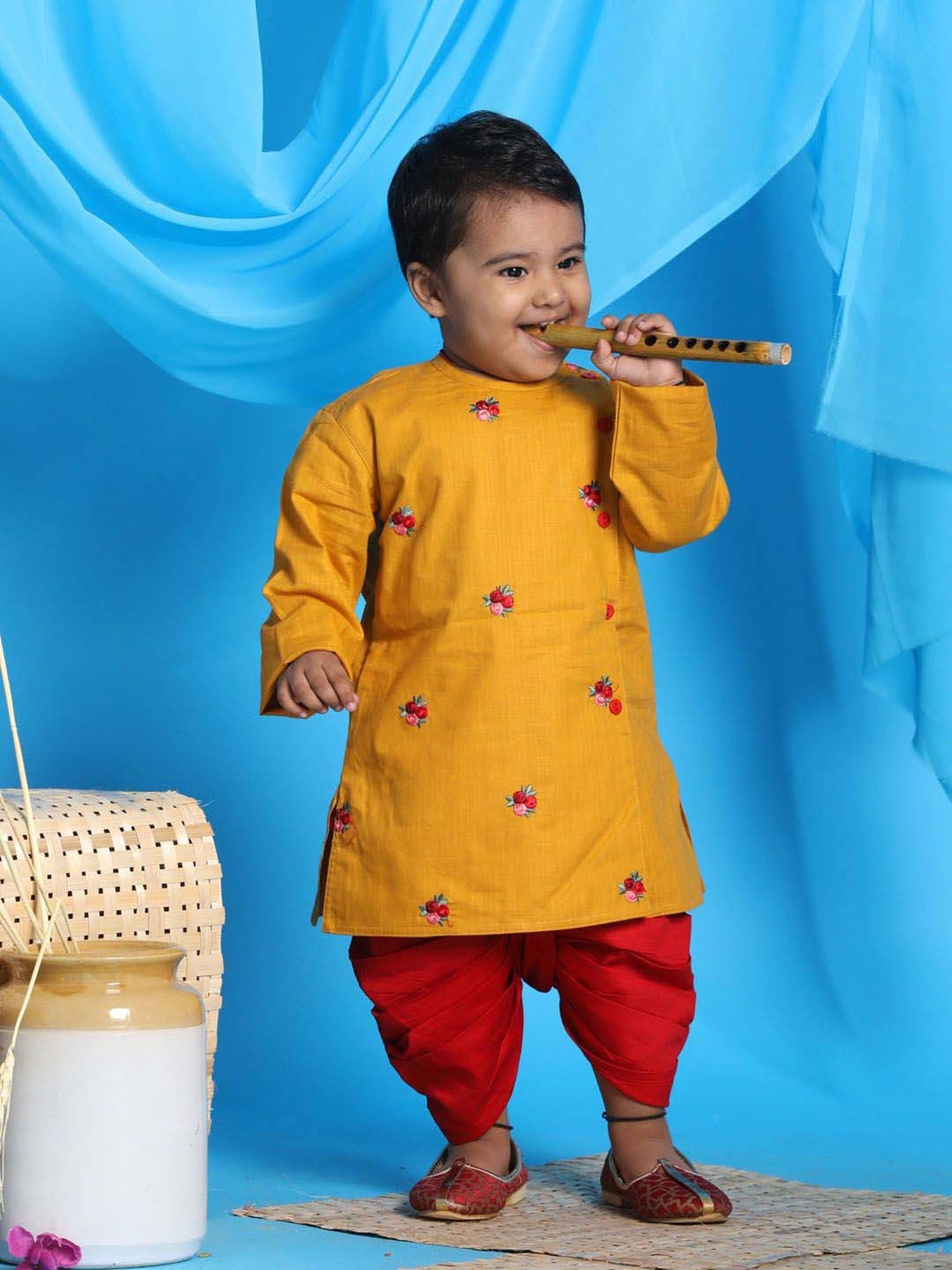VASTRAMAY Boys Mustard & Red Embroidery Full Sleeves Kurta Sets