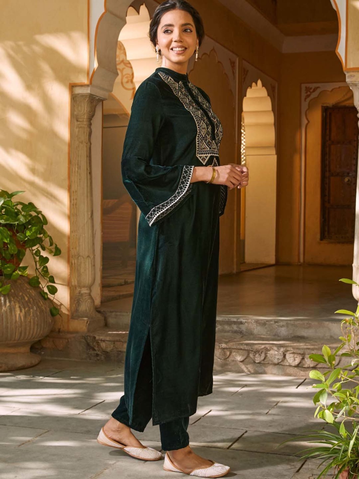Rustorange Green Embroidered A Line Kurta