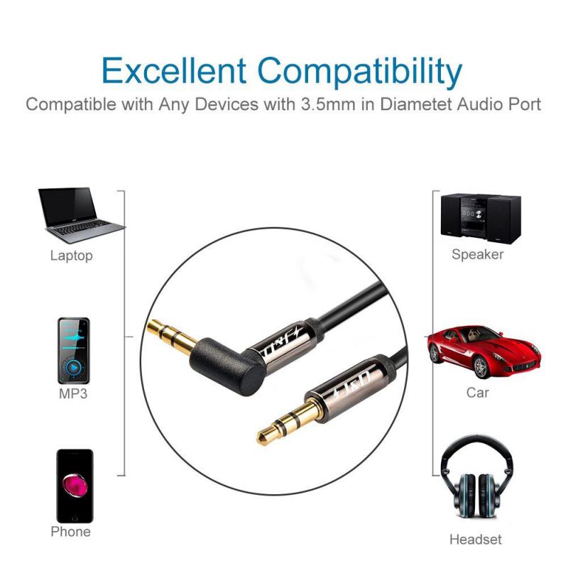 J&D Gold-Plated 3.5mm Stereo Audio Aux Jack to Jack Cable 90 Degree Right Angle for iPhone, iPod, iPad, Samsung Galaxy, LG, Speakers & All Other Devices - 9 Feet