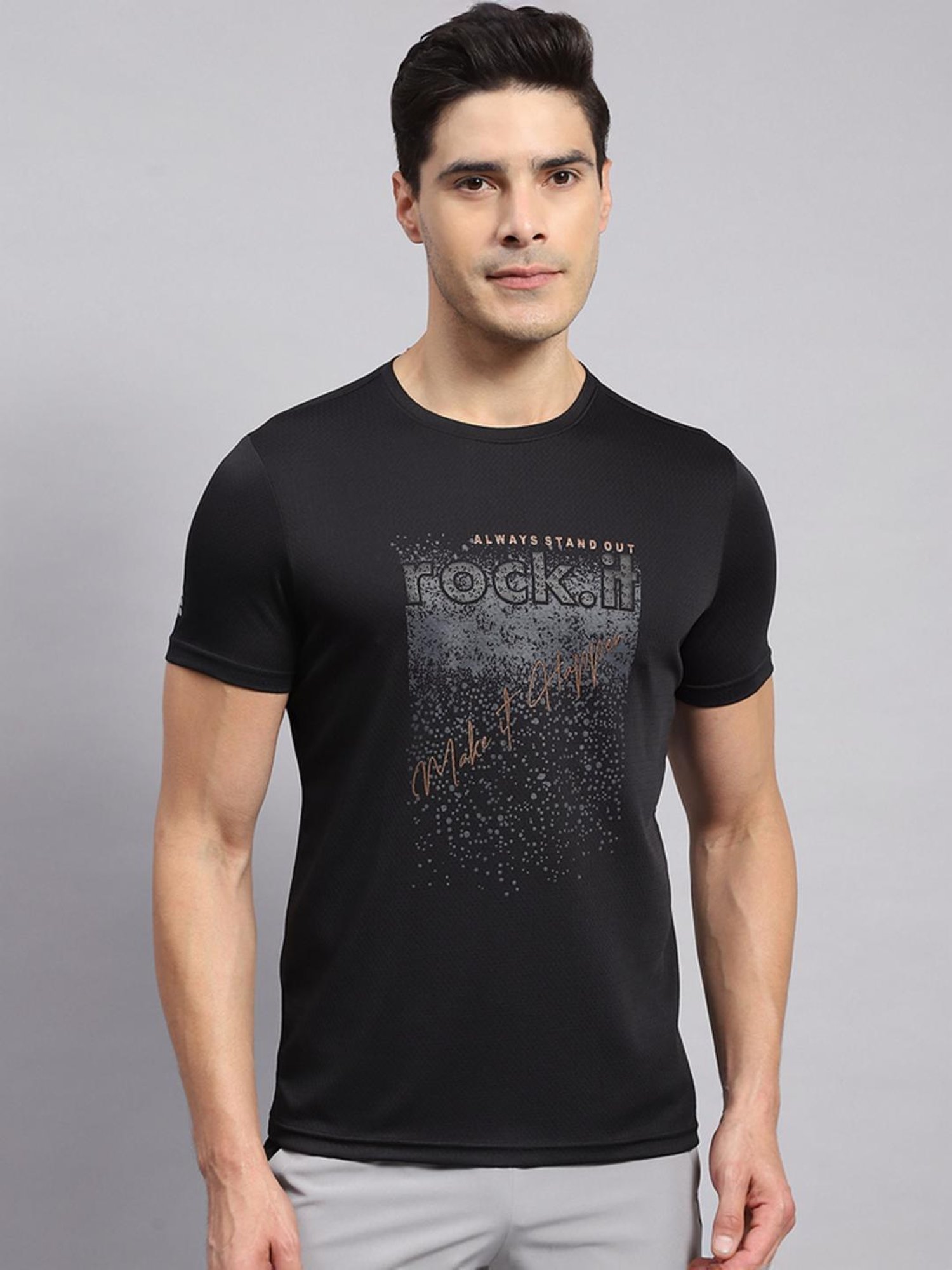 Rock.it Black Regular Fit Self Pattern T-Shirt