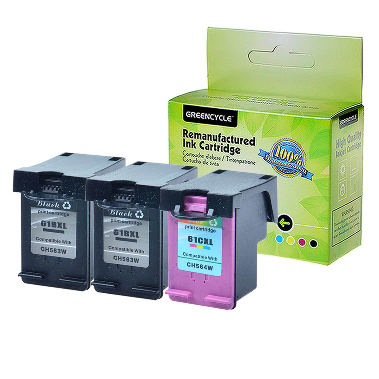 GREENCYCLE 3PK Compatible 61XL CH563W CH564W (2 Black, 1 Color) High Yield Ink Cartridge for HP Deskjet Printer- With Chip