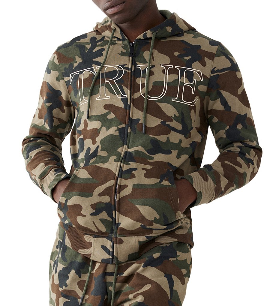 True Religion Long-Sleeve Camo Over-Sized Logo Zip-Front Hoodie