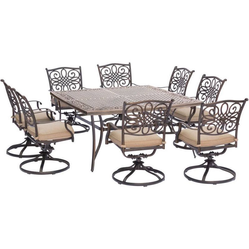 Hanover Traditions 9-Piece Square Dining Set with Eight Swivel Dining Chairs and a Large Dining Table - 60" x 60"