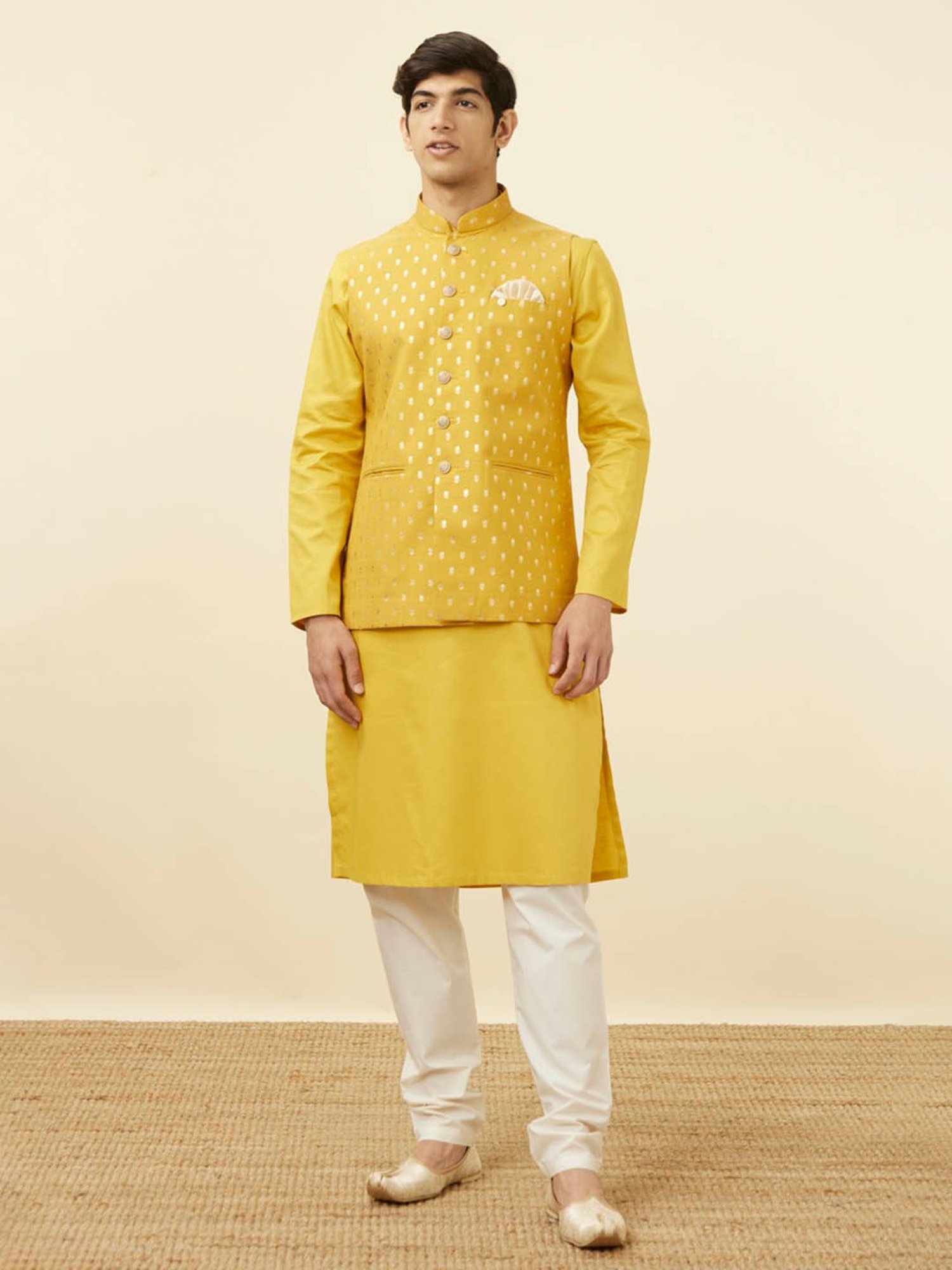 Manyavar Mustard Regular Fit Self Design Nehru Jacket