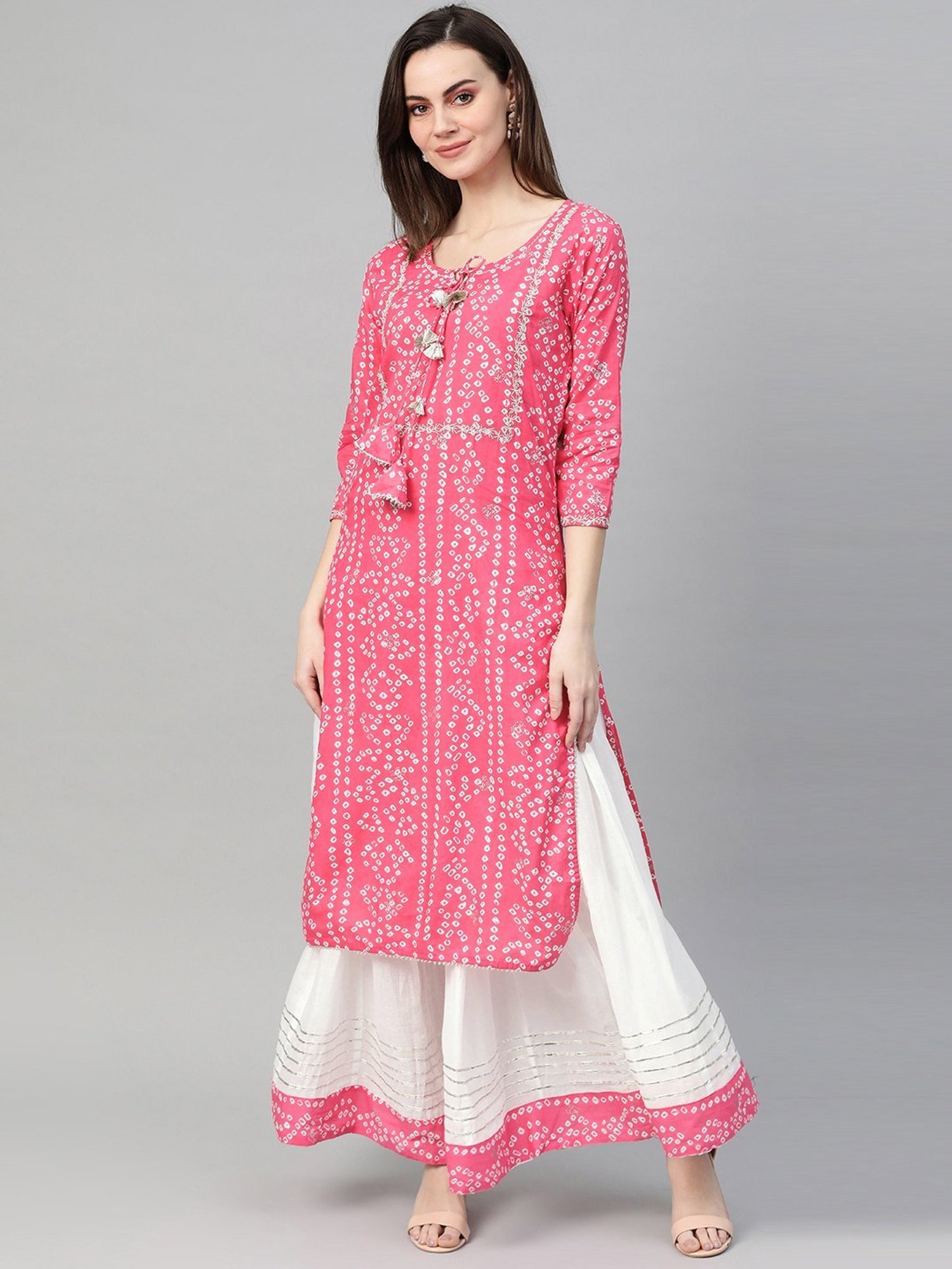Ishin Pink & White Cotton Printed Kurta Skirt Set