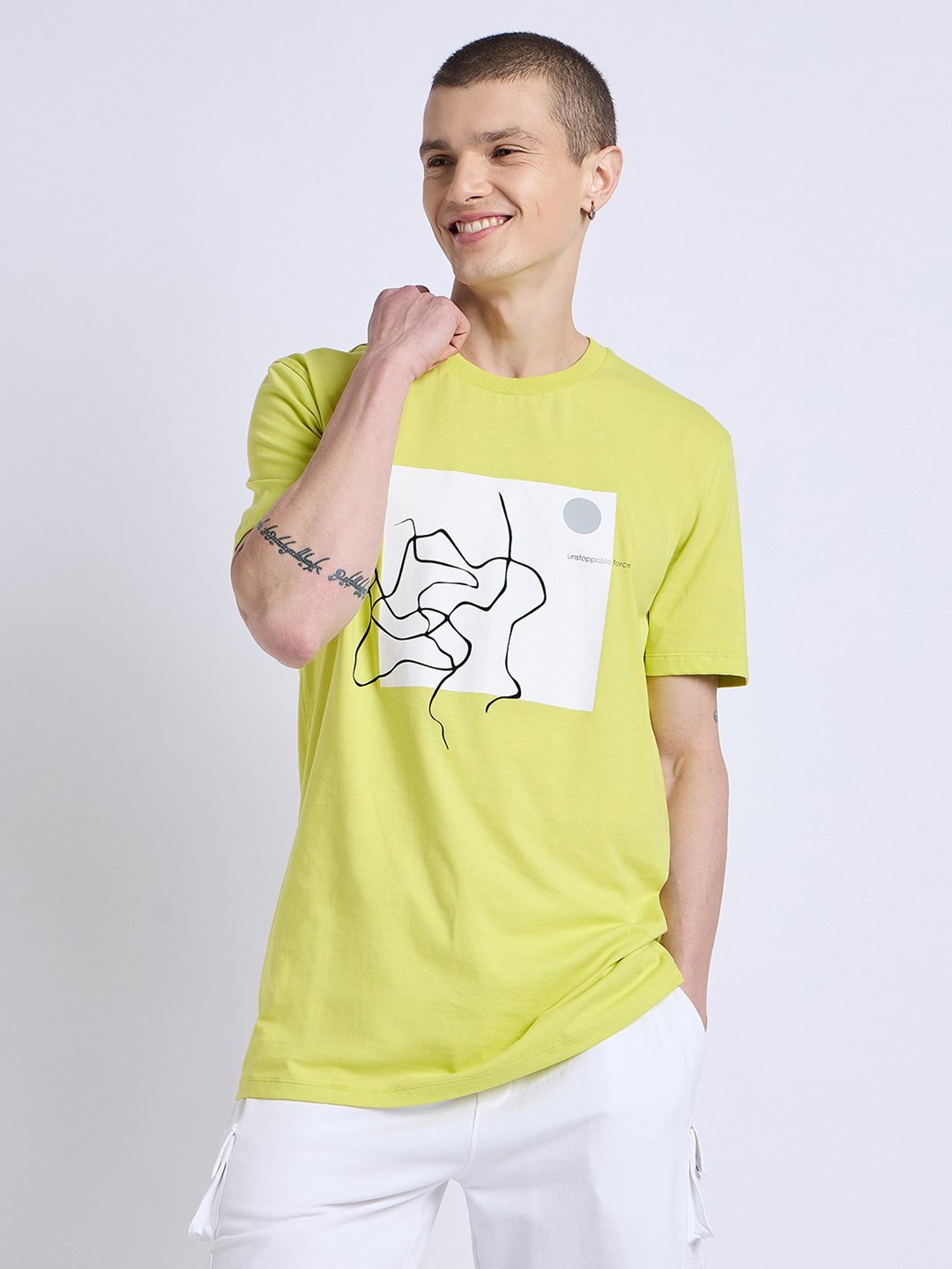 EDRIO Lime Green Regular Fit Graphic Print Crew T-Shirt