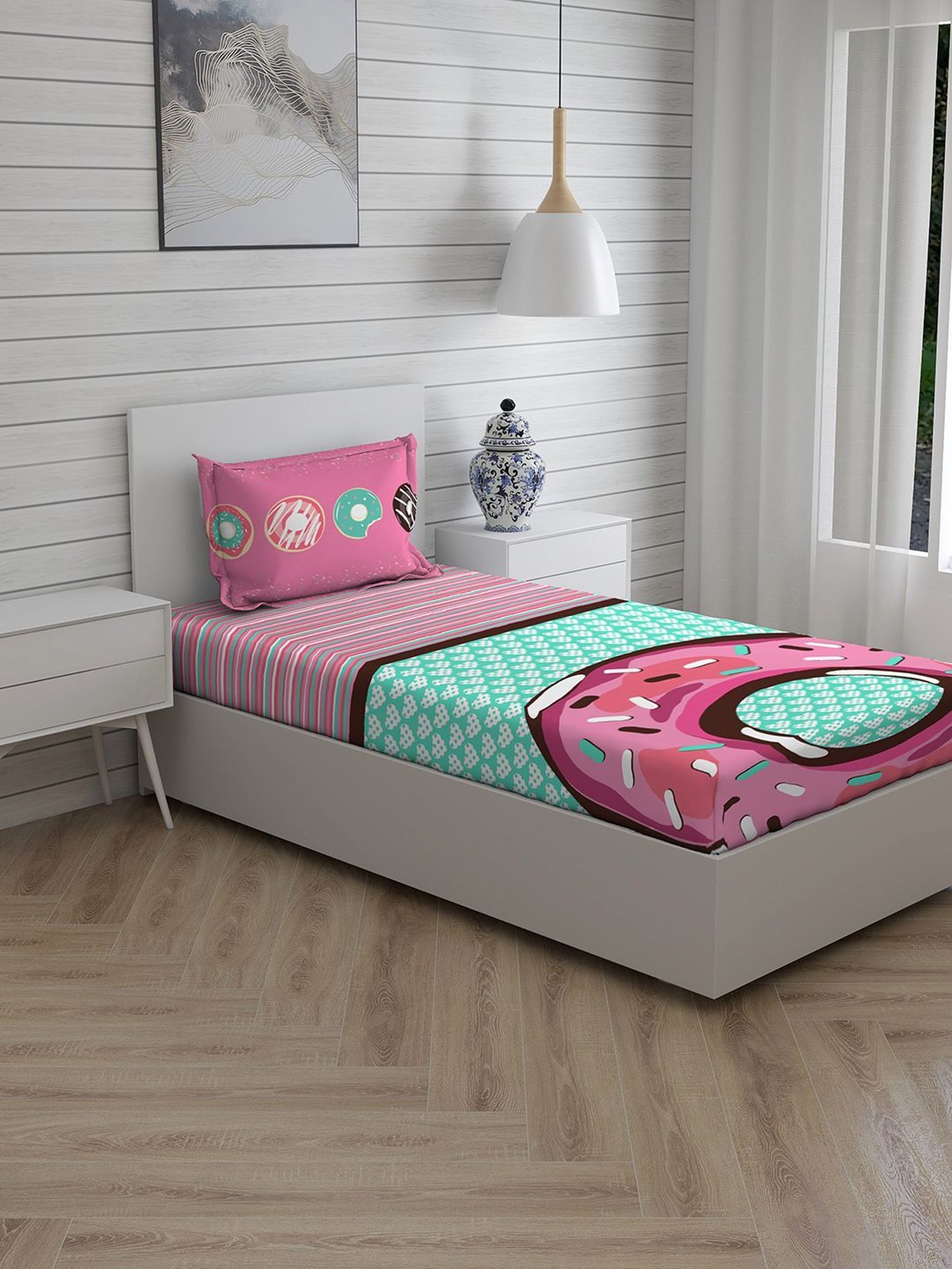 Boutique Living Rock & Room Geometric Blue 146 TC Cotton Single Bed Sheet with 1 Pillow Cover