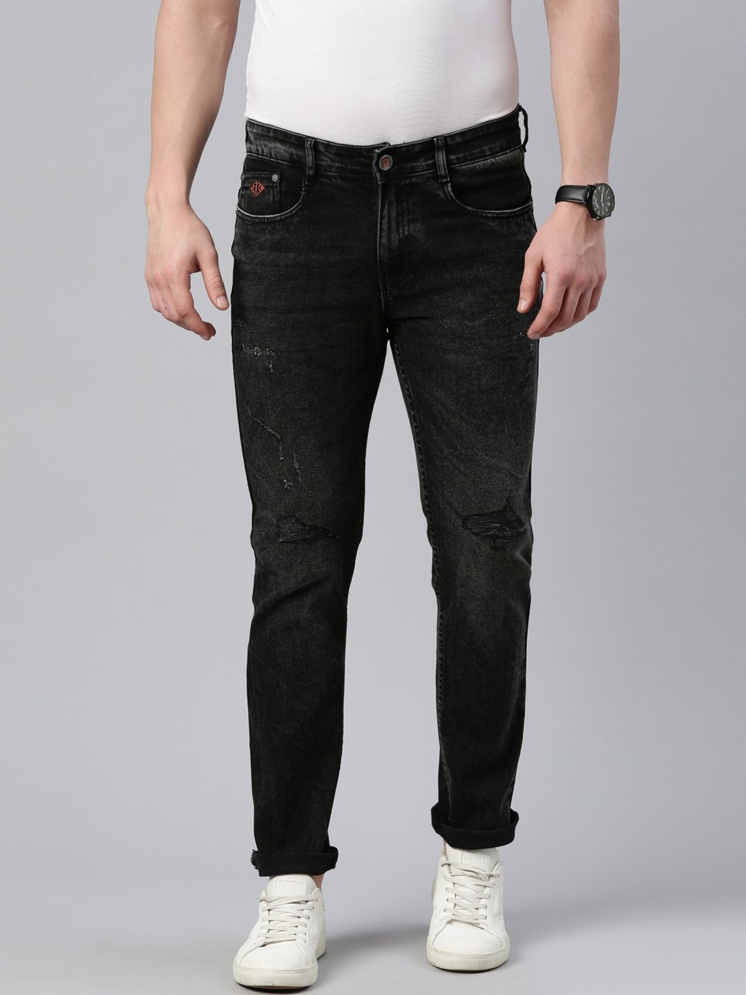 CINOCCI Black Cotton Slim Fit Distressed Jeans