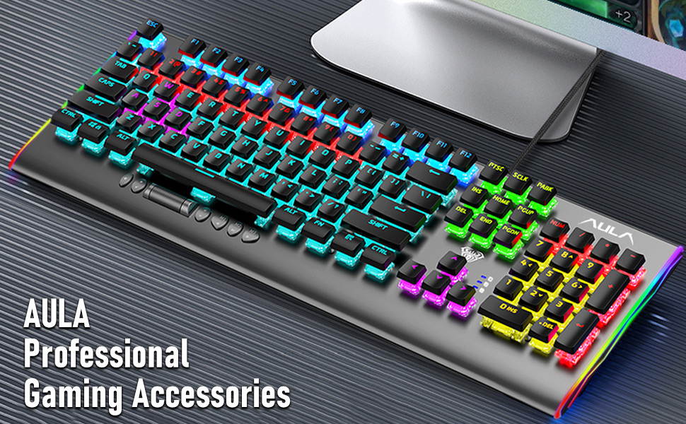AULA F2099 RGB Mechanical Gaming Keyboard, with Media Keys, Rainbow Backlight, Slim Keycaps, Metal Panel, 104-Keys Anti-Ghosting Wired PC Gaming Keyboards for Laptop, Desktop Computer