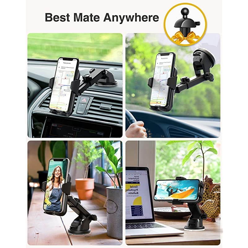 Car Phone Mount, Universal Cell Phone Holder for Car Dashboard, Windshield, Air Vent with One-Click Release Button, Compatible with iPhone, Samsung, Google, LG, HTC & More Smartphone