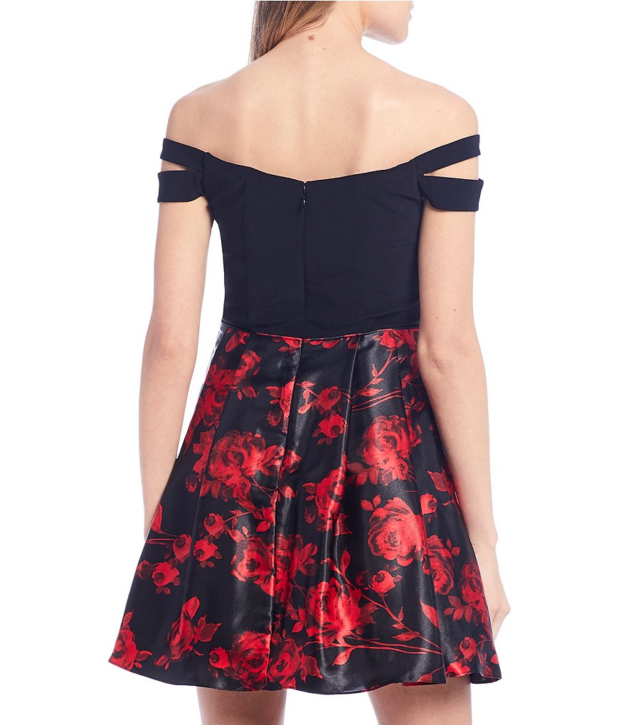 Blondie Nites Off-the-Shoulder Double Strap Floral Print Skirt Fit-and-Flare Dress