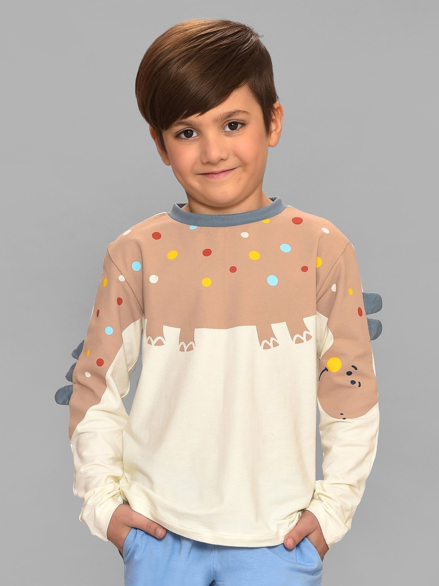 MiArcus Kids White & Brown Printed Full Sleeves T-Shirt