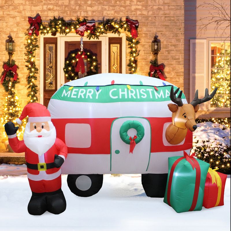 A Holiday Company Heavy Duty 8 Foot Weather Resistant Self Inflatable Blow up Santa Reindeer Christmas Camper Holiday Lawn Decoration with LED Lights