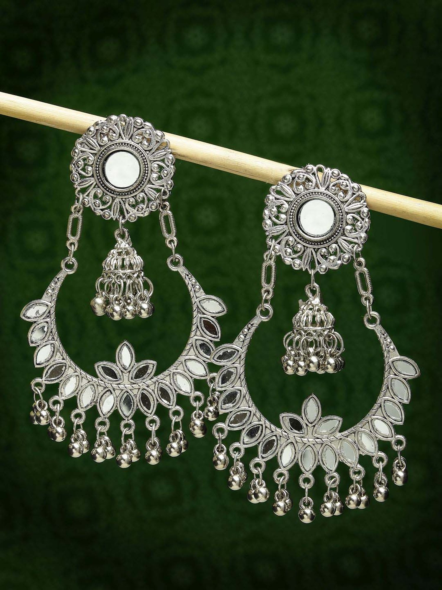 NVR Silver-Plated Mirror Work Oxidized Chand Bali Earrings for Women