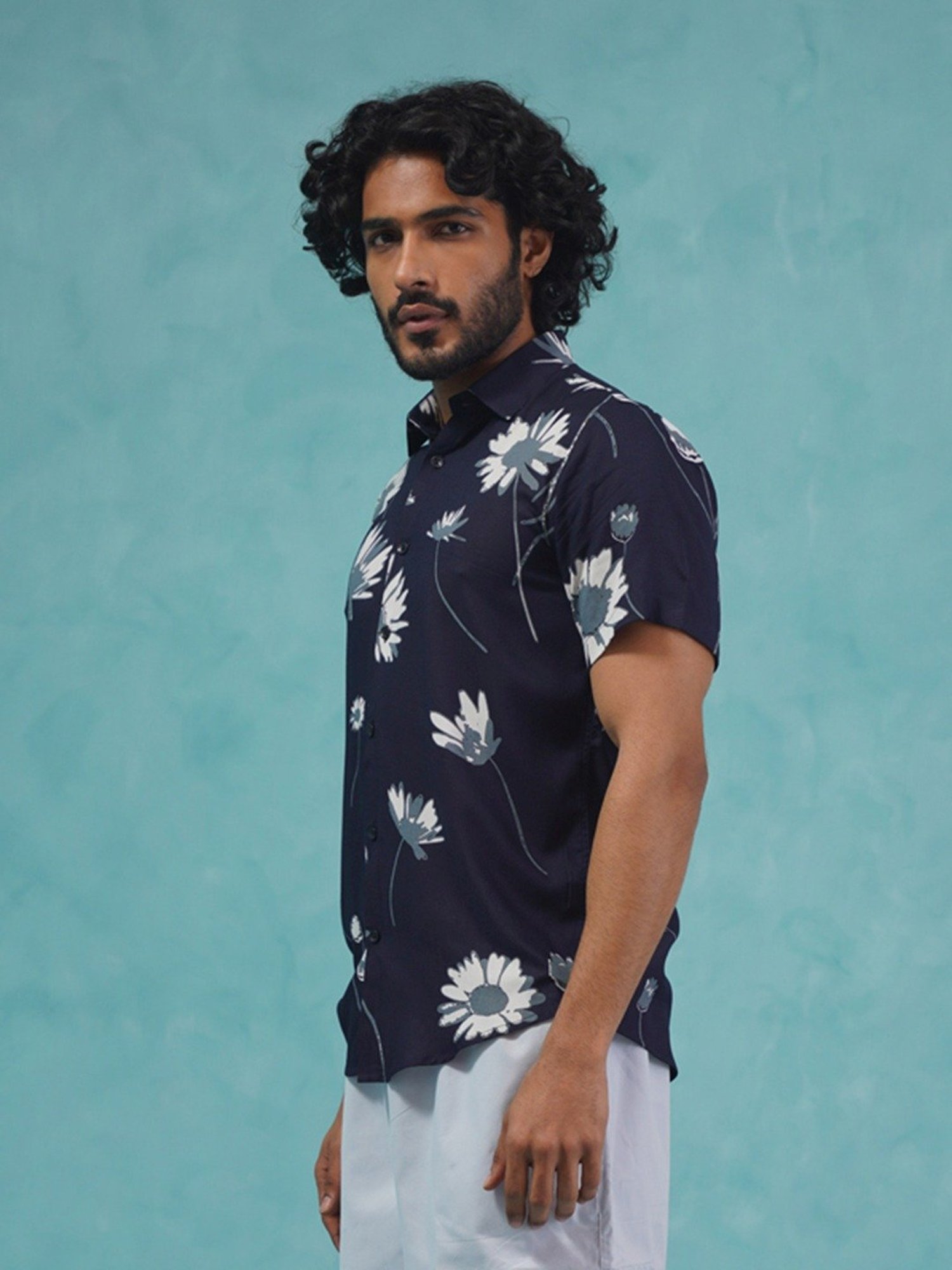 Indian Needle Navy Blue Regular Fit Printed Shirt