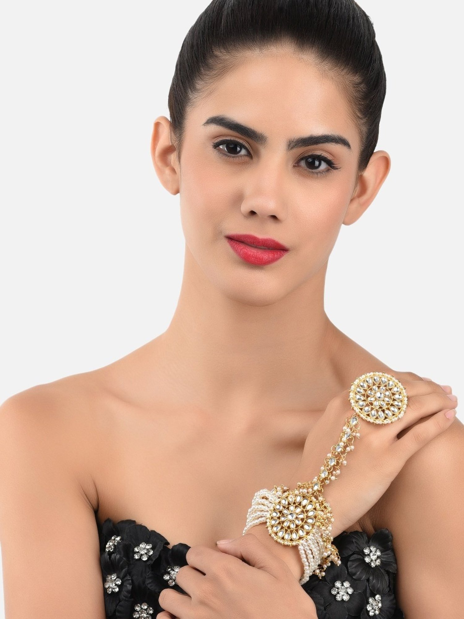 Zaveri Pearls Gold Tone Kundan & Pearls Mesmerising Hand Harness-ZPFK9442