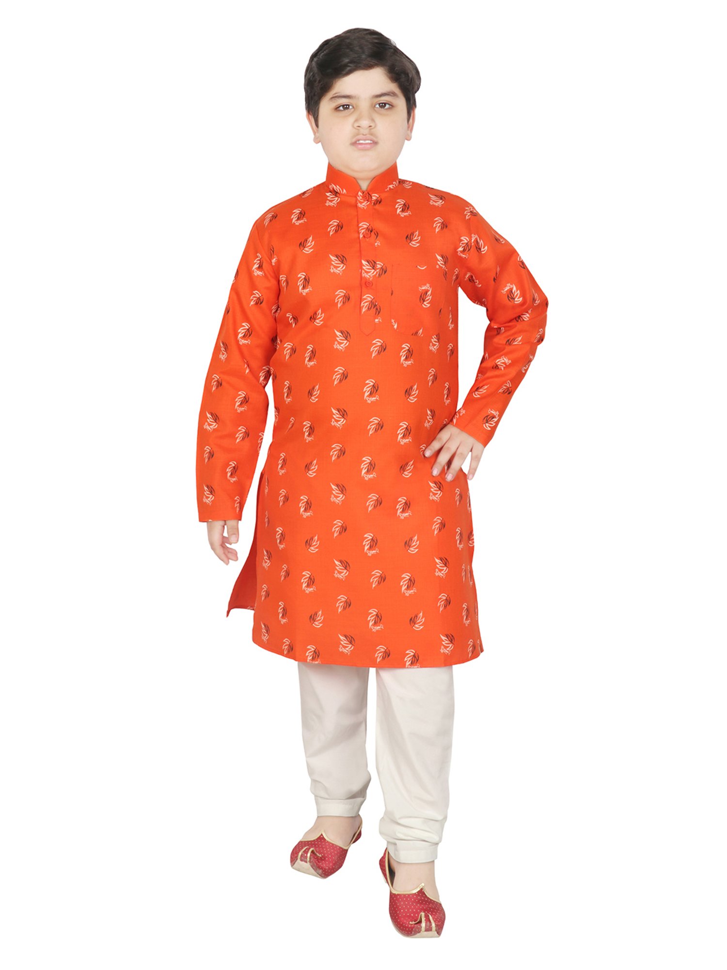 SG Yuvraj Kids Dark Orange & White Printed Full Sleeves Kurta with Pyjamas