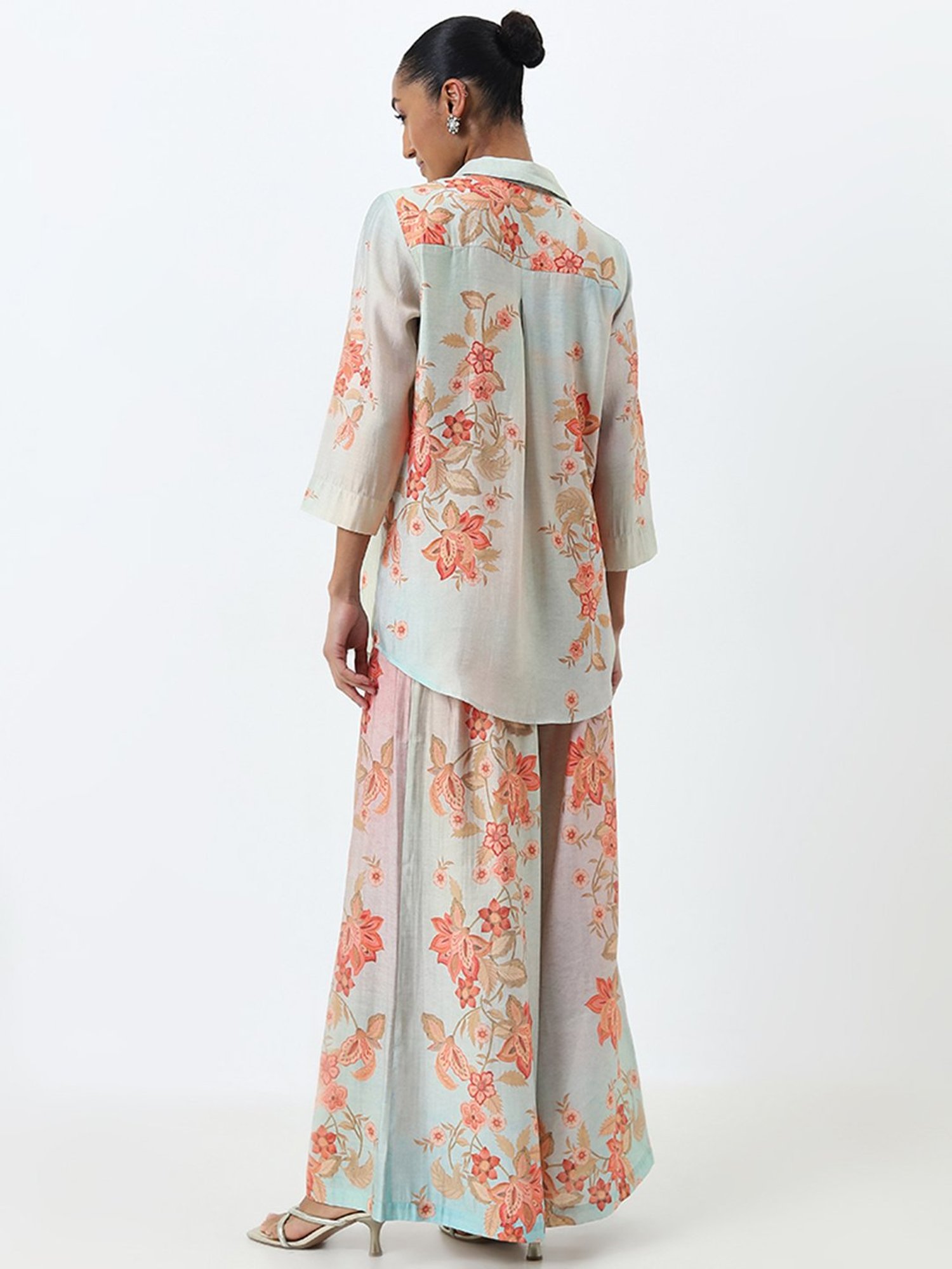 Vark by Westside Aqua Floral Embellished Tunic and Palazzos Set