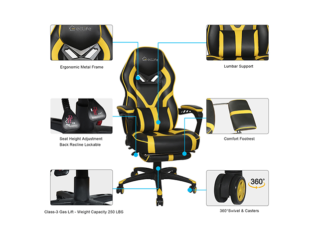 Gaming Chair, Racing Style Computer Desk Chair Padded Armrests Ergonomic Lumbar Support Adjustable Height