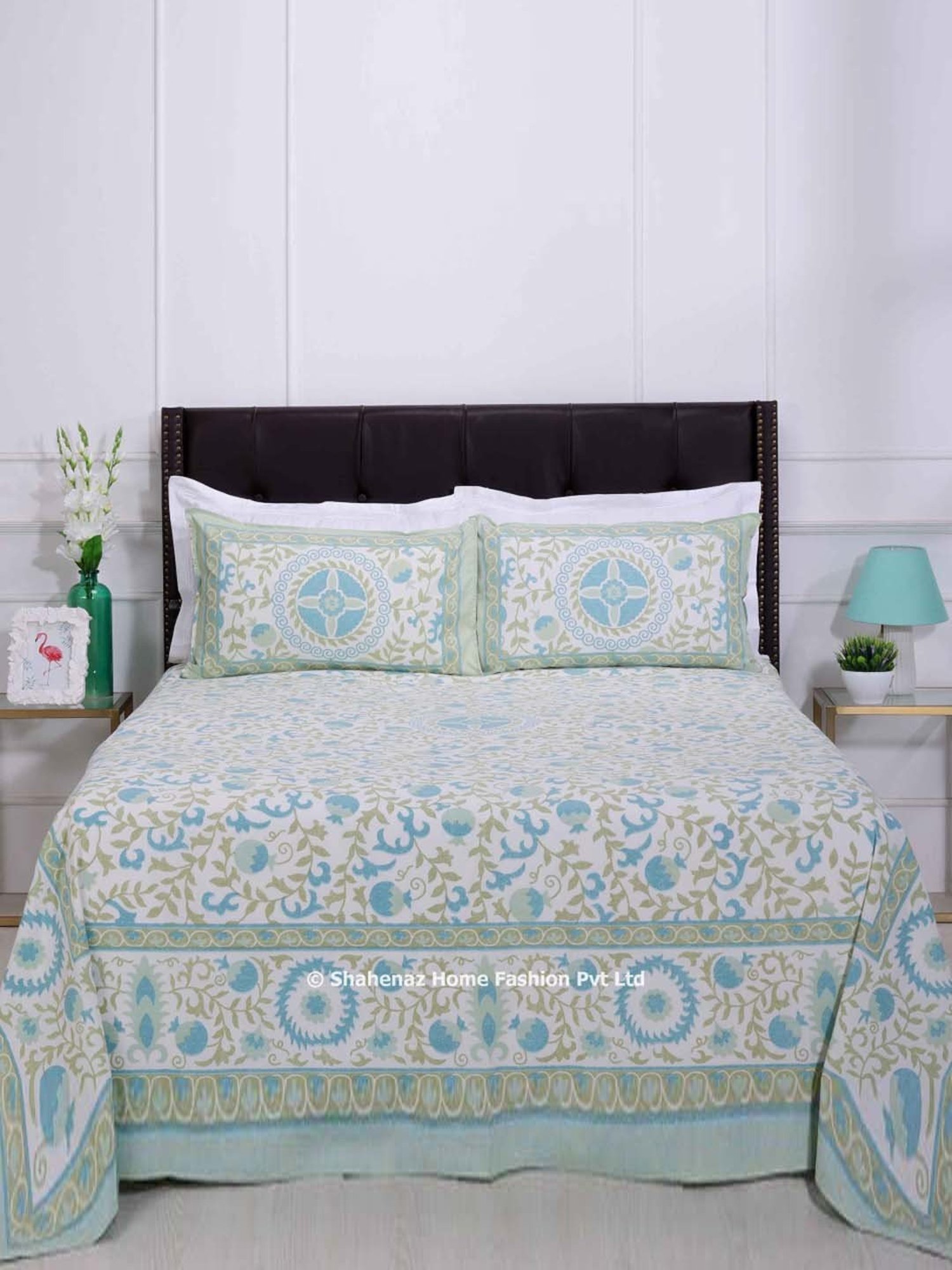 Shahenaz Olive & Turquoise 120 TC Cotton Gayatri Pomegranate Double Bedsheet with 2 Pillow Covers